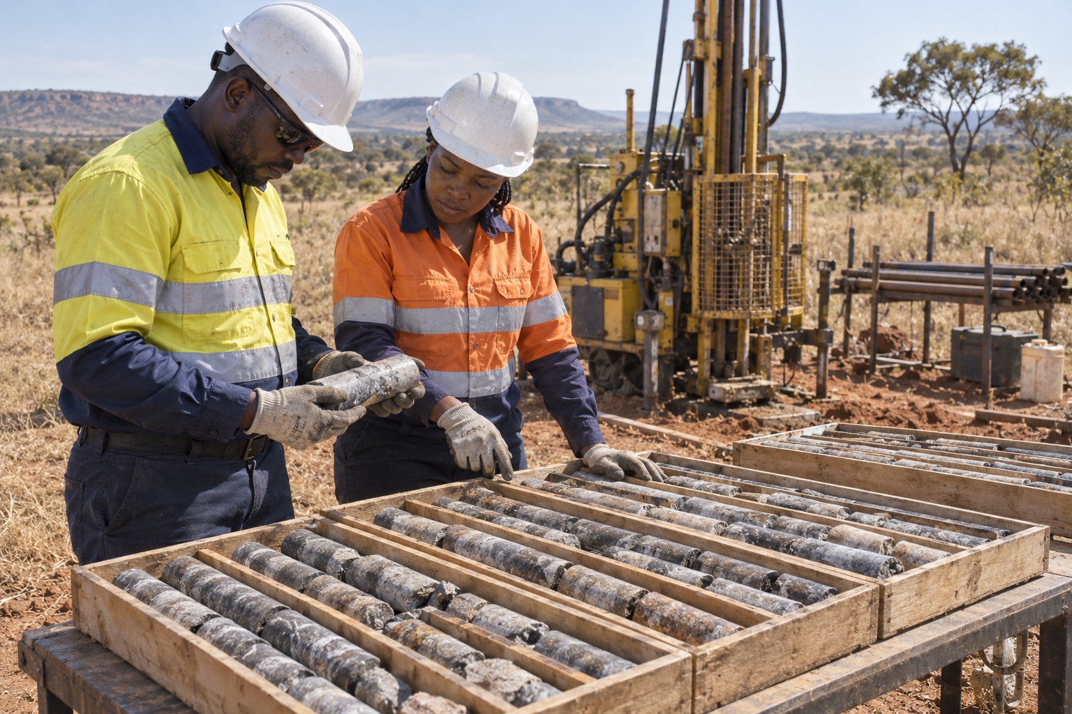 AI-generated illustration: Geotechnical engineers inspecting rock cores beside a drilling rig