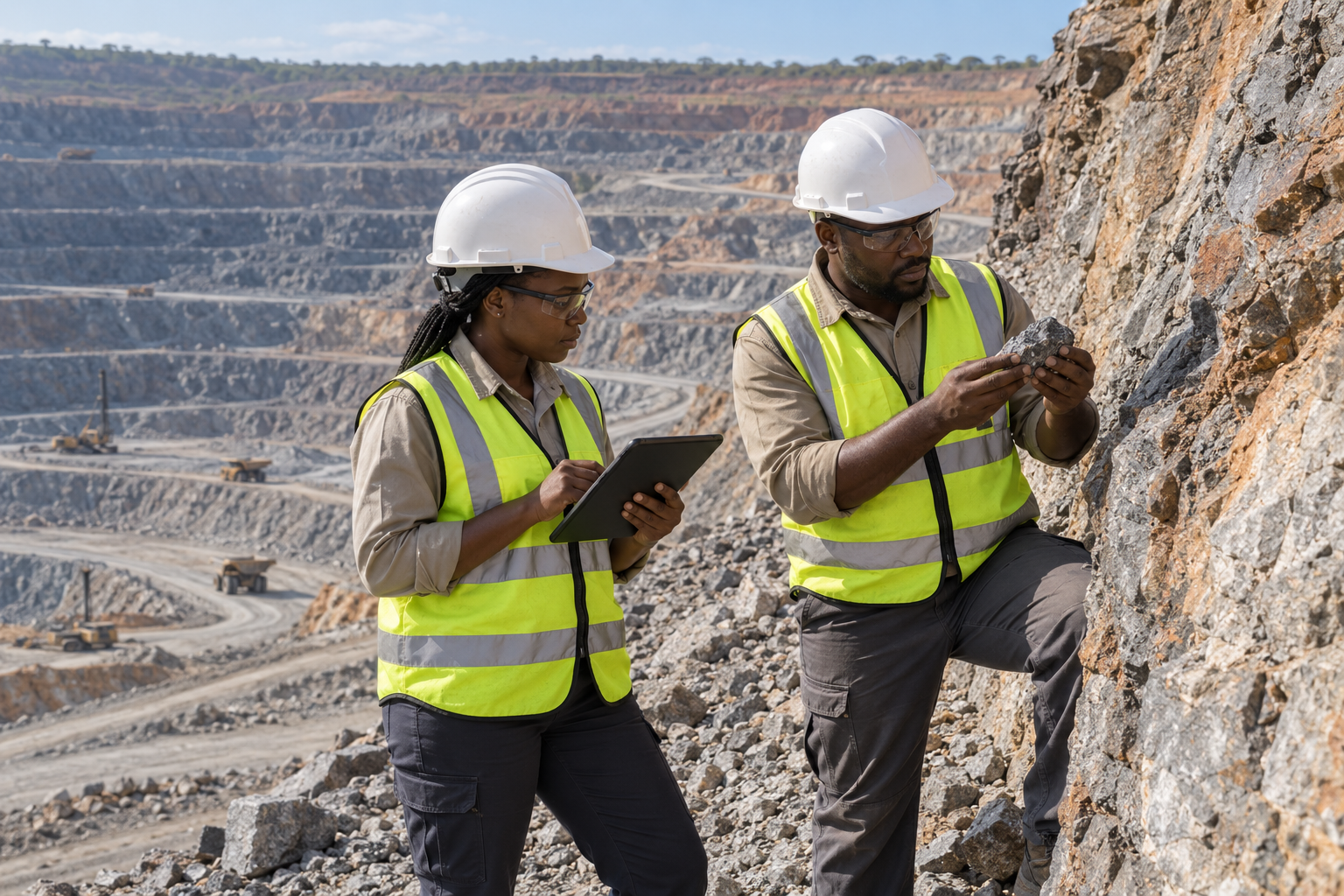 AI-generated illustration: Mining geologists examining a rock sample and recording observations